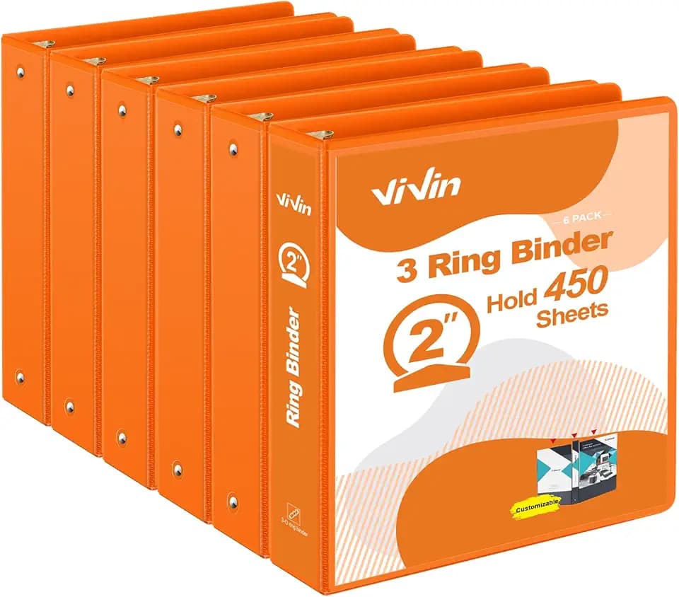 ViVin 2 Inch Round Ring View Binder for Durability, 6-Pack (Orange)