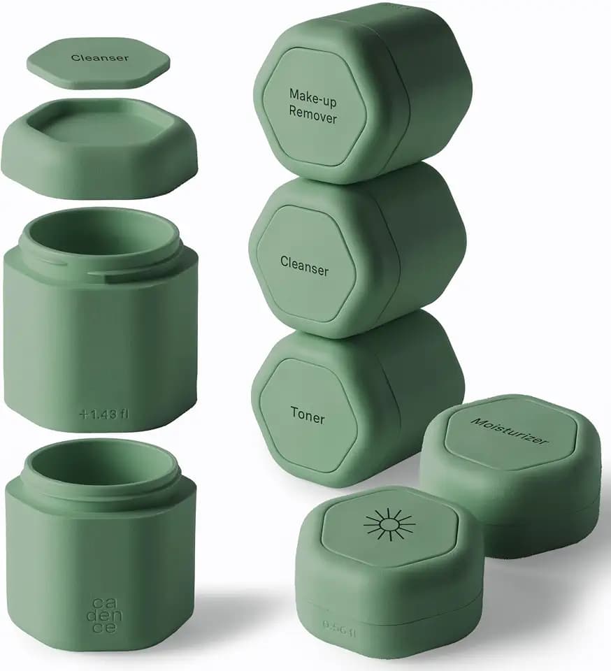 Cadence Capsules - Full Skincare Set, Eucalyptus - Six Containers with Magnetic Lids - 100% Leak Proof & TSA Approved for Travel and Carry On, 2 Small (0.56oz), 4 Medium (1.32oz) & Extender (1.43oz)