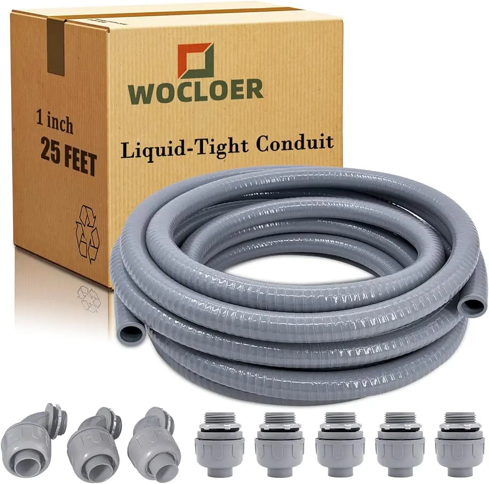 Liquid-Tight Conduit 1inch 25 Foot, Flexible Non Metallic Liquid Tight Electrical Conduit and Connector Kit, with 5 Straight and 3 90-Degree Connector Fittings, 1" Dia