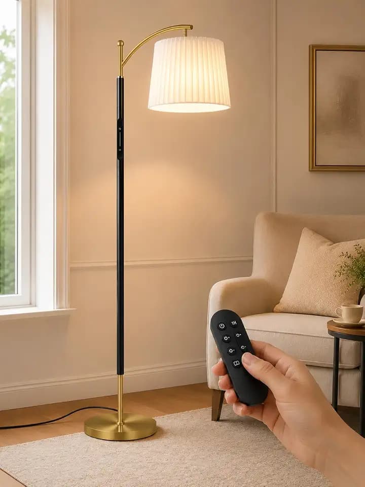 Etto Floor Lamp with Remote for Living Room, Pleated & Fabric Dual Shades