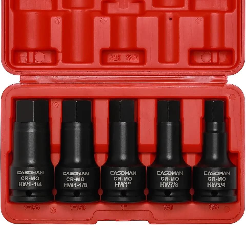 CASOMAN 3/4 Inch Drive Impact Hex Driver Set, 5-Pieces, SAE, 3/4", 7/8", 1", 1-1/8", 1-1/4", 3/4" Drive Master Impact Hex Bit Set, CR-MO, Impact Grade, One-Piece Construction