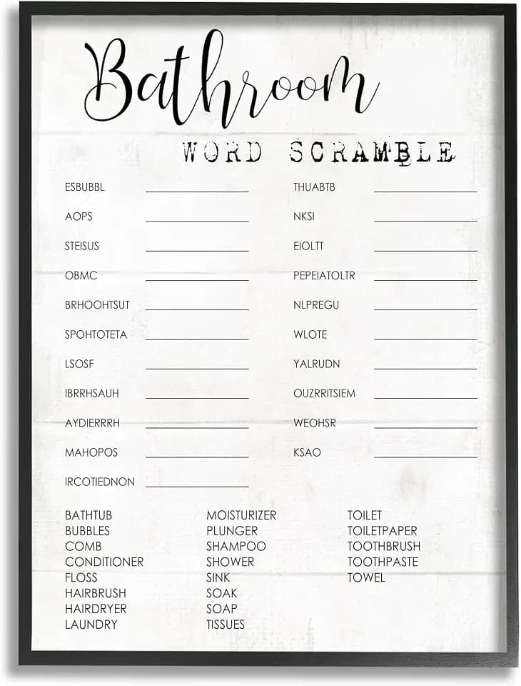 Stupell Industries Bathroom Scramble Fun Family Word Black Framed Wall Art, 11 x 14, Design by Artist Daphne Polselli, fda-126_fr_11x14