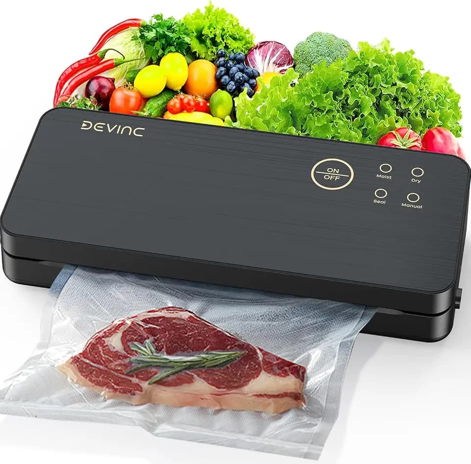 DEVINC Vacuum Sealer Machine, Compact Food Sealer with 10 Vaccum Bags & 1 Bag Roll, Multi-functional Food Vacuum Sealer for Food Storage, Dry & Moist Food Modes with Built-in Cutter, Black
