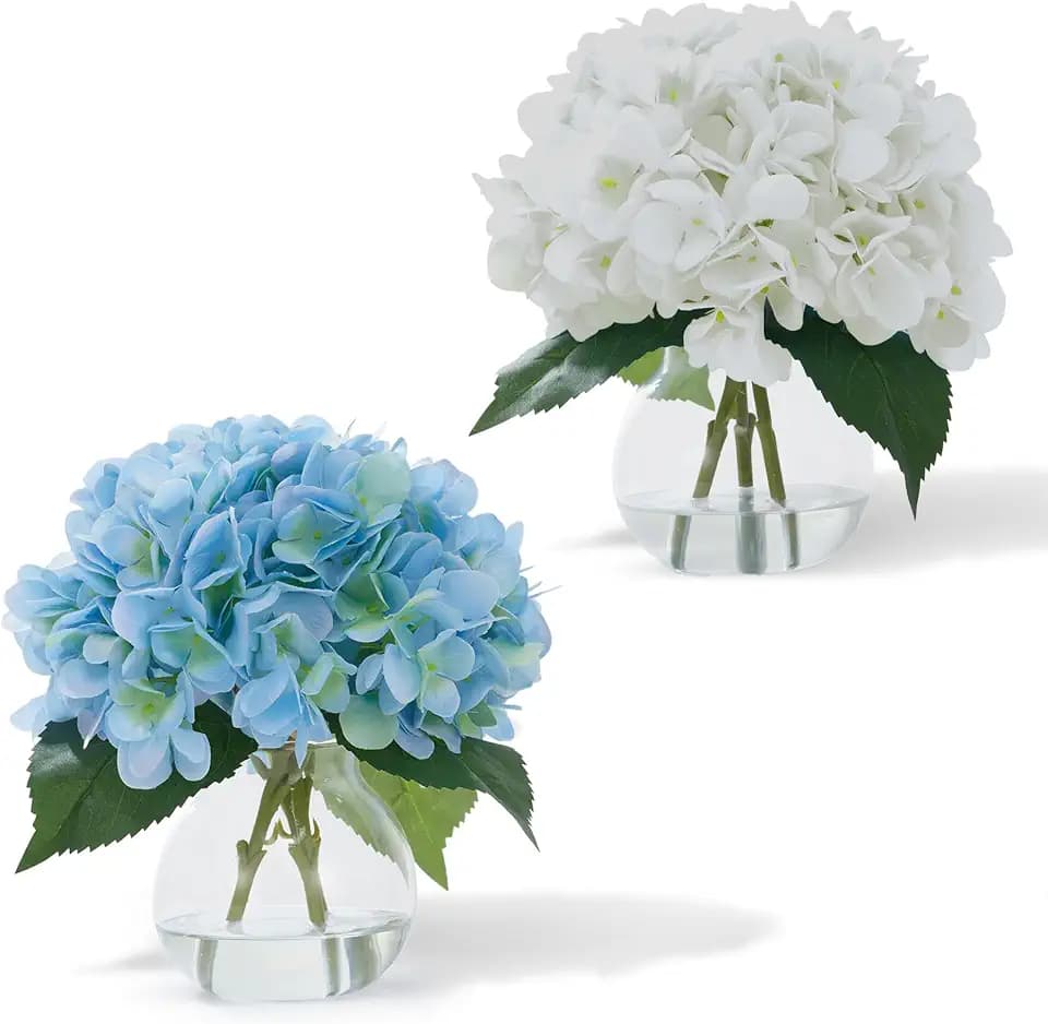 OUTLANE Real Touch Artificial Hydrangea Flowers in Glass Vase with Faux Water - Lifelike Silk Bouquet - Home, Wedding, Office, Bathroom, Table Decor - 2 Pack, White & Blue