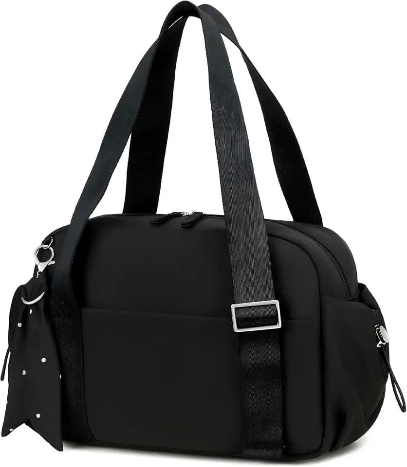 LOIDOU Small Gym Bag for Women, Mini Corduroy Sports Duffel Bag with Wet Compartment, Pink Bow Pattern, Cute Workout Yoga Dance Tote (Black)