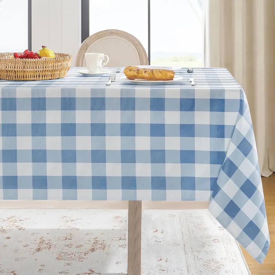 Softalker Gingham Tablecloth Rectangle, Light Blue and White, 60 x 102 Inch