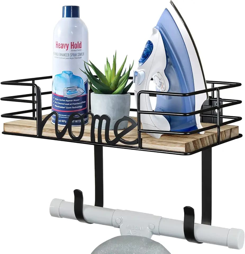TJ.MOREE Ironing Board Hanger Wall Mount with Large Storage Wooden Base Basket and Removable Hooks (Black) For Laundry Room