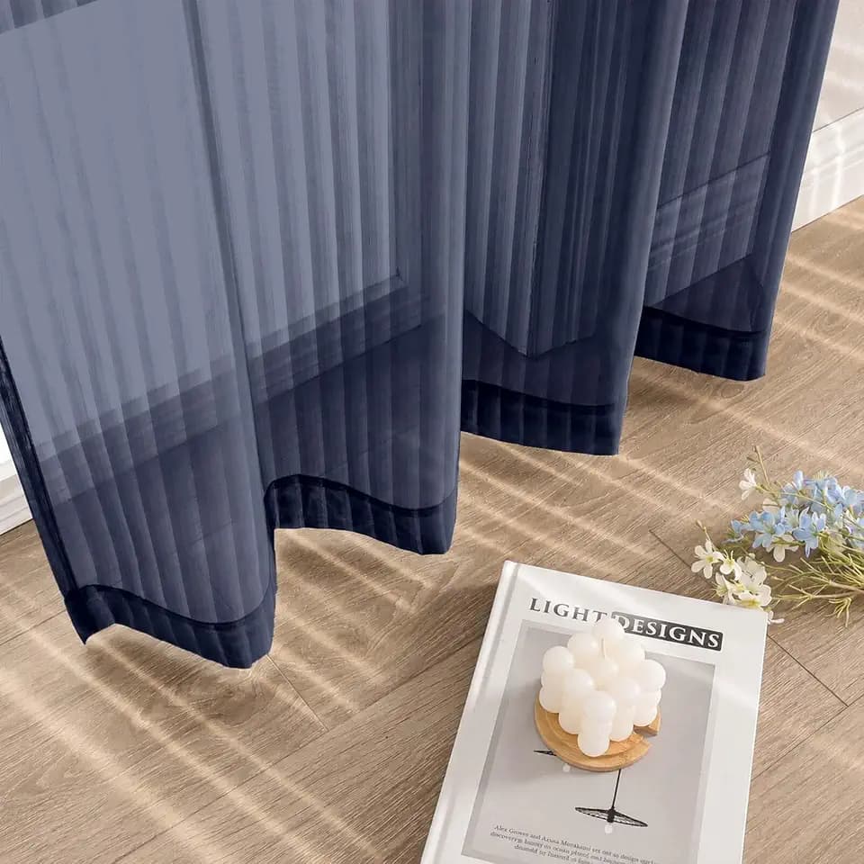 Striped Navy Blue Sheer Curtains - Light Filtering Semi Sheer Window Curtains for Bedroom Living Room, Rod Pocket Soft Airy Window Treatment Drapes, 2 Panels, Each 42Wx54L Inches