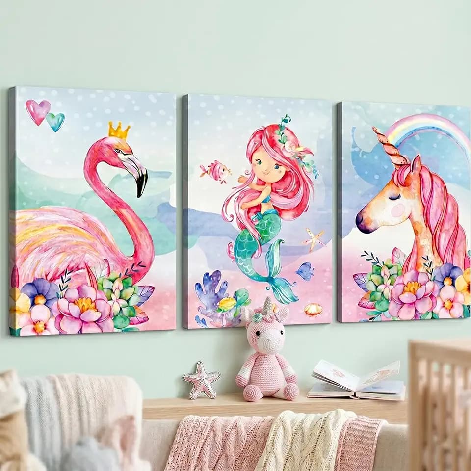 Unicorn Wall Decor Mermaid Flamingo Inspirational Framed Wall Art Prints Pink Horse Flower for Living Room Girls Room Decoration Pink Home Wall Decoration Girls Room Kids Bedroom Gift 3 Panels