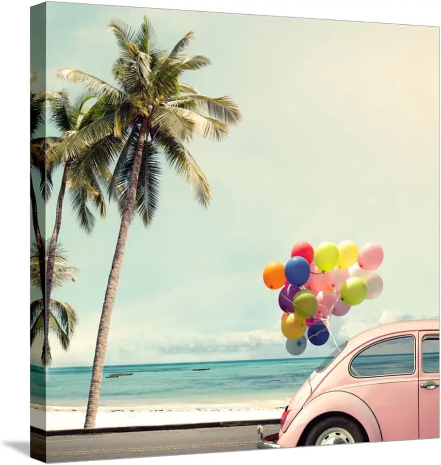 ART.COM Stretched Canvas Print Vintage Card of Car with Colorful Balloon on Beach Blue Sky Concept of Love in Summer and Wedding H by jakkapan, 24" x 24"