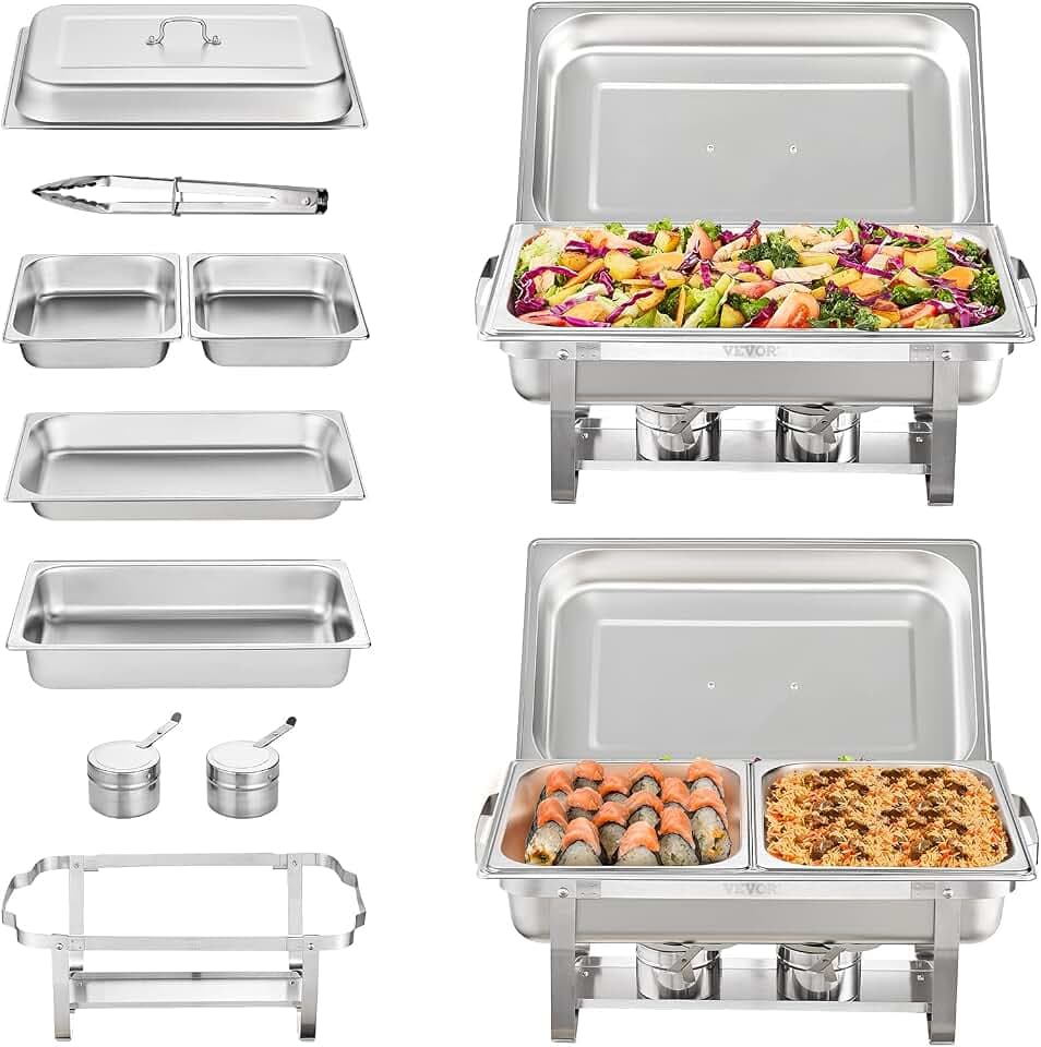 VEVOR Chafing Dish Buffet Set, 8 Qt 2 Pack, Stainless Steel Chafer with 2 Full Size Pans, Rectangle Catering Warmer Server with Glass Lid Water Pan Folding Stand Fuel Holder, for Wedding Party Banquet