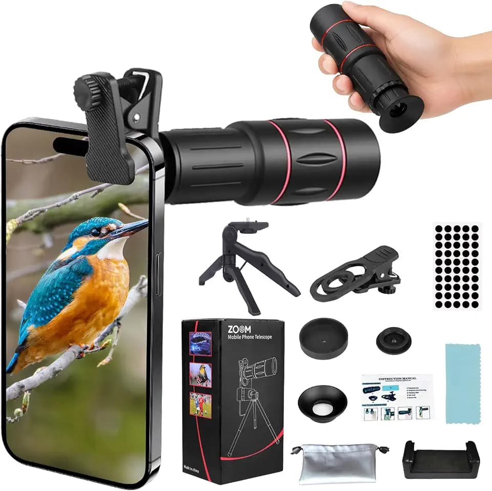 28X Telephoto Zoom Lens with Tripod for iPhone Samsung Android Camera, HD Clip-On Monocular Telescope for Moon, Concerts, Wildlife, Sports Events, Bird Watching, Portable Smartphone Lens Kit