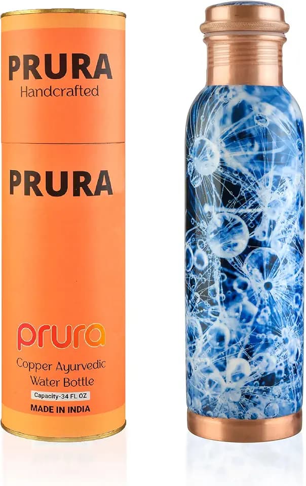 Pure Printed Copper Water Bottle 32 oz - Leak Proof Ayurvedic Drinkware Copper Vessel for Sports, Gym, Outdoors, Yoga, Health Benefits