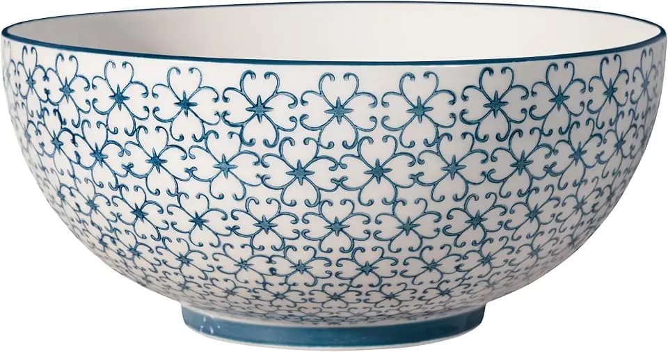 Nordring Salat Bowl Kristina with Pattern, Dia 9.25 inch H 4 inch, blue, Stoneware, Handmade stamp decor
