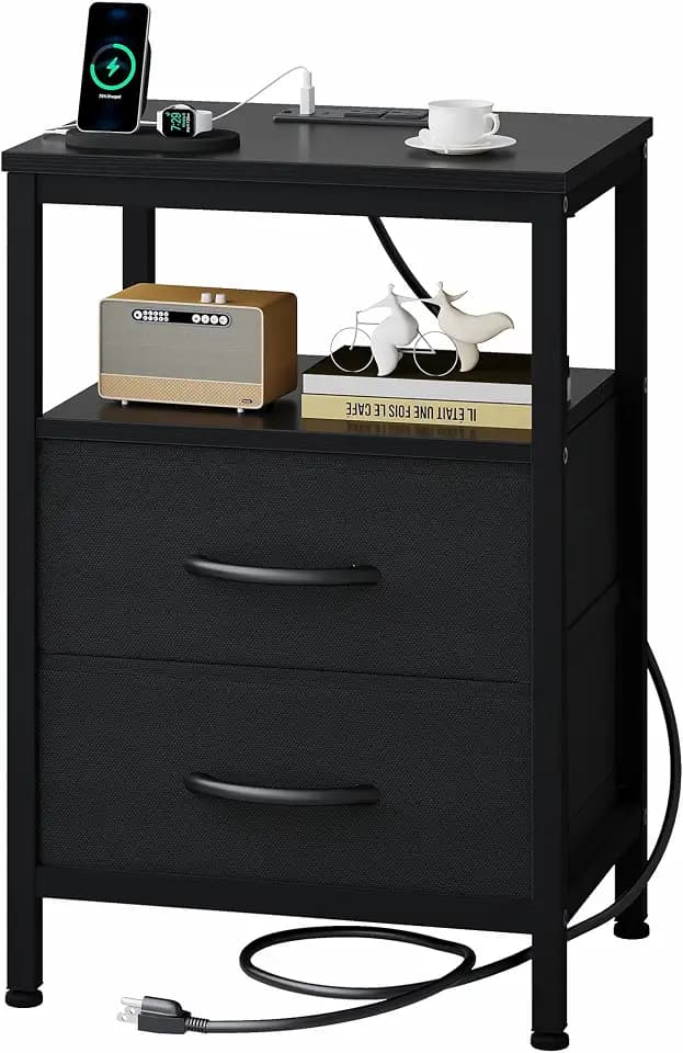 OLIXIS Nightstand with Charging Station, Beside Table with Fabric Drawers