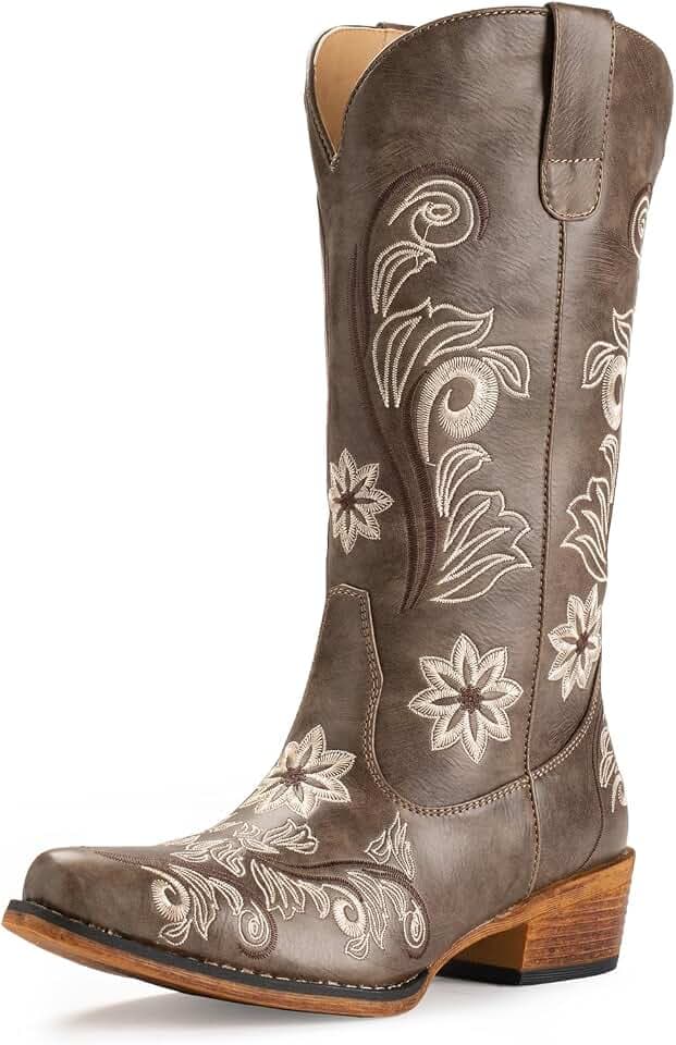 IUV Cowboy Boots For Women Mid Calf Cowgirl Boots Embroidered Pull-On
