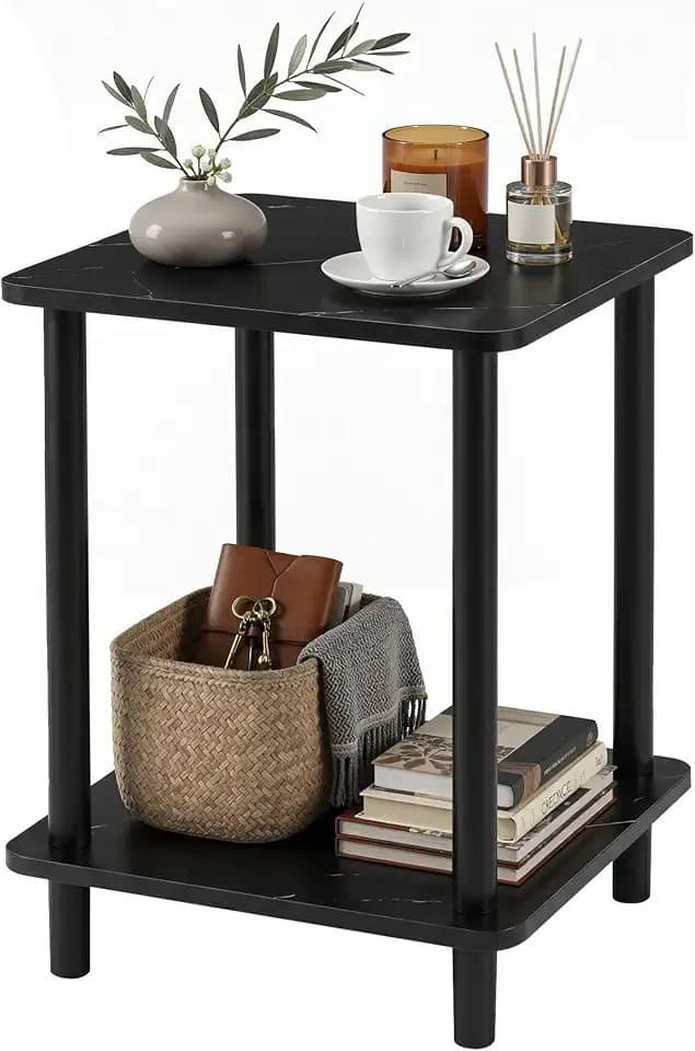 VECELO 2 Tier End Table, Square Faux Marble Side Table, Black