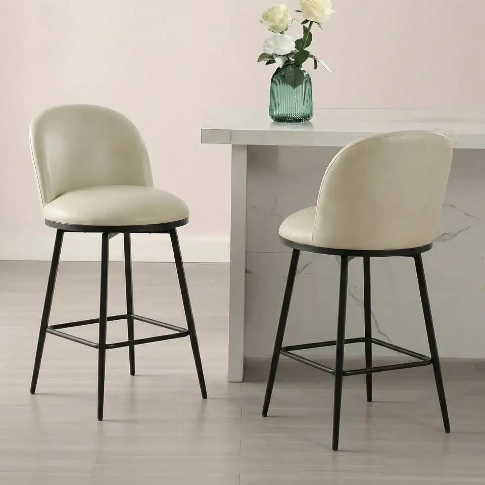 26" Counter Height Swivel Bar Stools Set of 2, Upholstered Faux Leather Barstools with Backs and Metal Legs for Kitchen Island,Cream