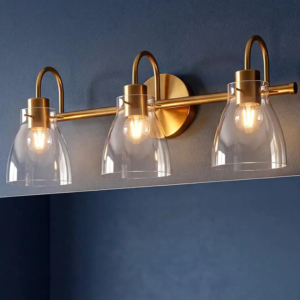 Tribesigns Bathroom Light Fixtures, 3-Light Bathroom Vanity Lights Over Mirror with Clear Glass Shade, Brushed Gold Vanity Light for Bedroom Living Room Hallway, E26 Base