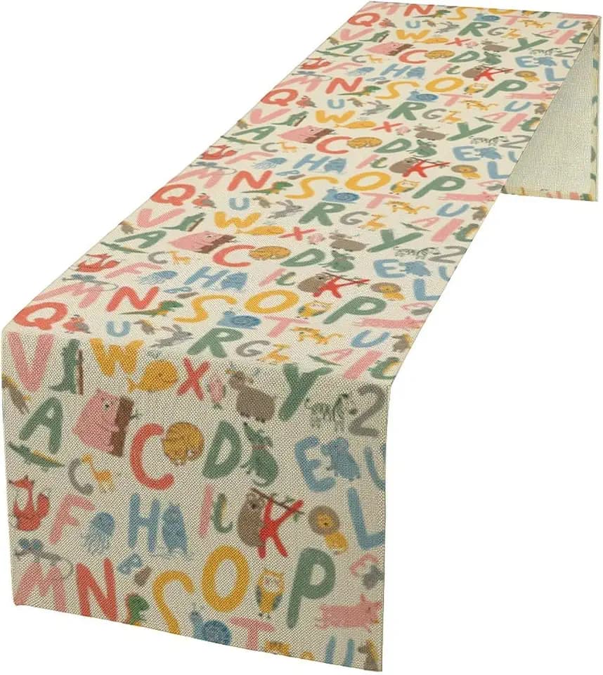 Kids Alphabet Table Runner, ABC Letter Educational Cartoon Animals Pattern for Home Kitchen Table Decor Dining Coffee Room Party Decor 13x36in