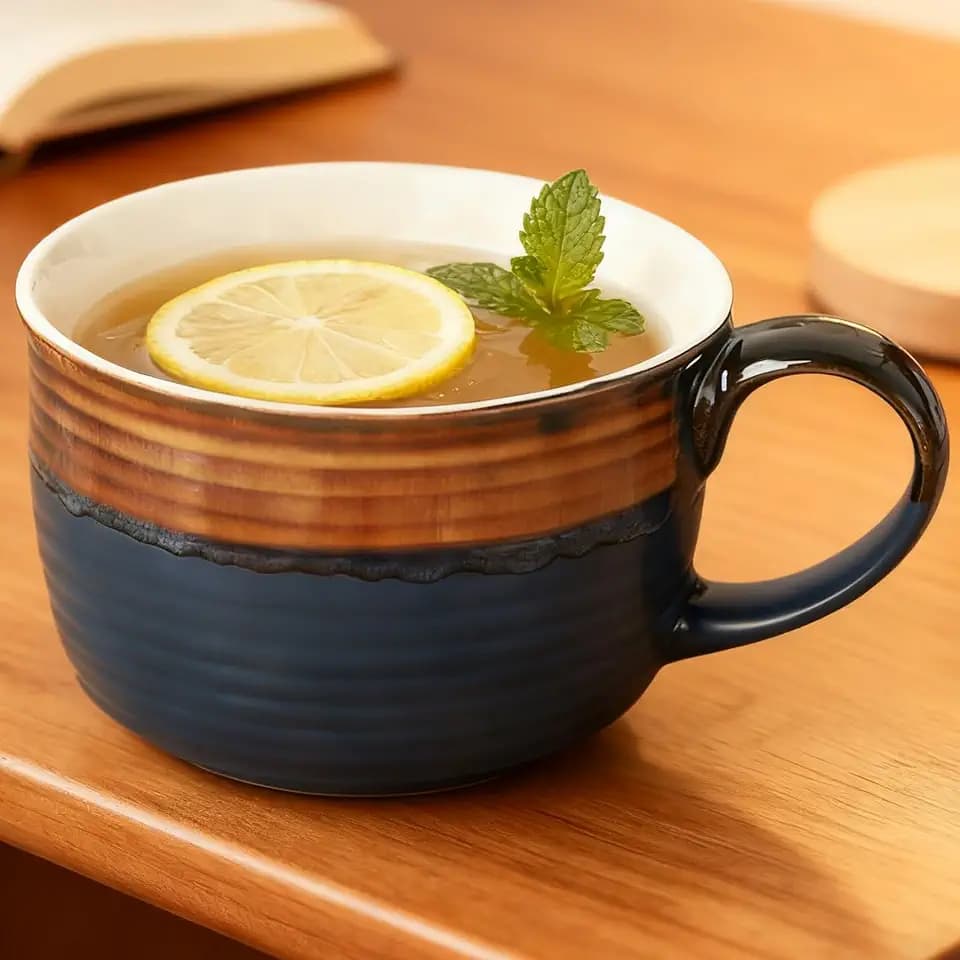 Disoza Blue & Brown Large Ceramic Soup Mug with Handles 24 OZ Oversized Bowl Porcelain 700 ML Coffee Tea Cup XXL Cereal Soups Ramen Salad Bowl