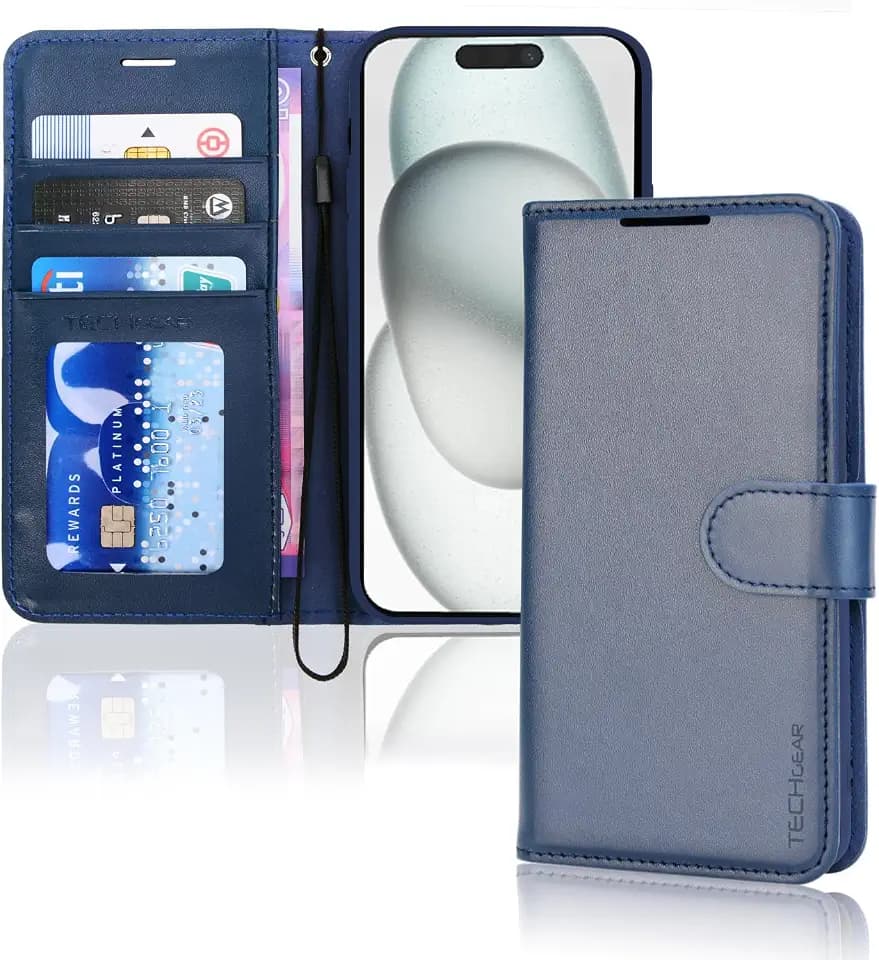 TECHGEAR Schutzhülle für iPhone 15 (6,1 Zoll), PU-Leder, Brieftaschenformat, Klappetui, Kartenhalter, Ständer und Handschlaufe, Blau PU-Leder mit Magnetverschluss für iPhone 15 15,5 cm (6,1 Zoll)