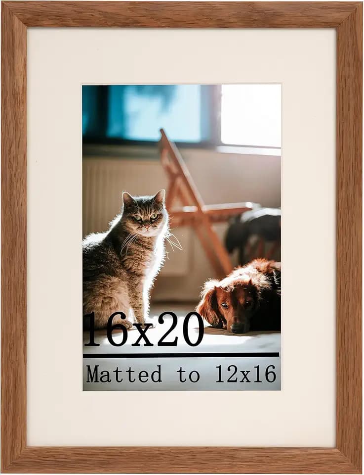 16x20 Solid Oak Wood Picture Frame with 12x16 Mat Opening