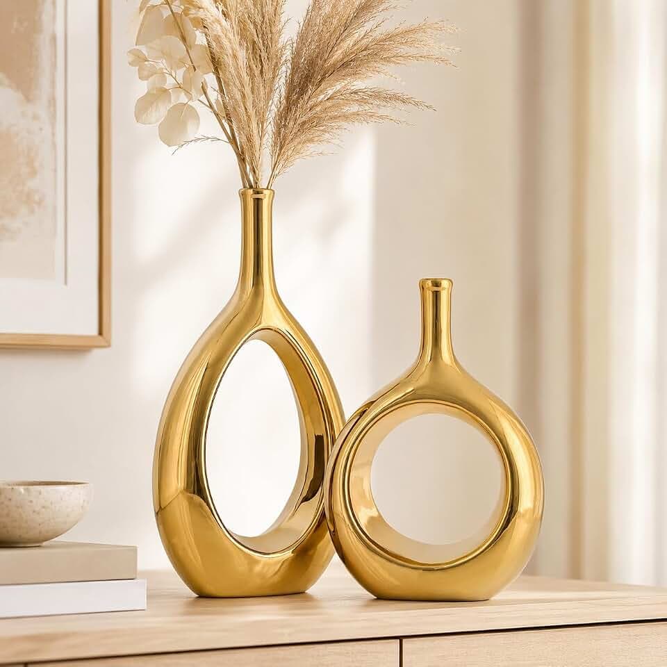 Glossy Gold Ceramic Vase Set 2,Modern Hollow Circle with Hole Flower Vase for Home Decor,for Table Centerpieces,Farmhouse,Fire Place,Living Room,Bedroom,Office,Bookshelf,Rustic Decor