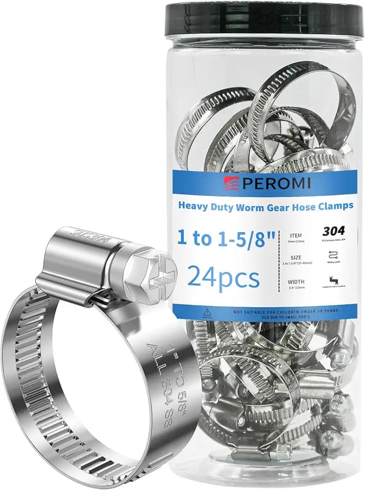 24PCS Adjustable Hose Clamps, 304 Stainless Steel Worm Gear, 1" to 1-5/8"(25-40mm), Rolled Edge No Perforations, Heavy Duty Reusable Pipe Clamp for Home, Auto, Piping, Marine, Industrial