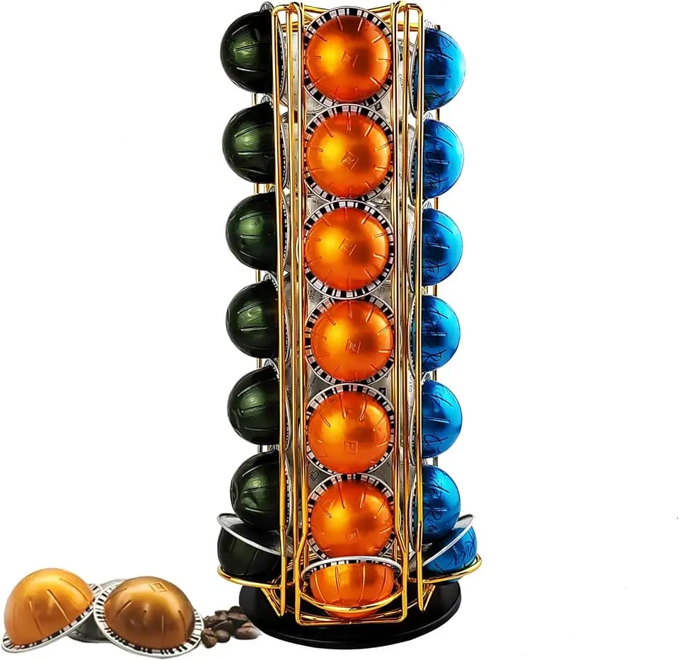 Vertuo Pod Holder Carousel Stand for 35 Nespresso Vertuo Capsule Storage Organizer with Extra Space for Coffee Mate Silent Rolling,Gold