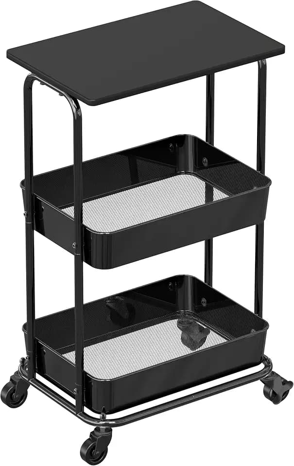 Simple Houseware 2-Tier Rolling Utility Cart Wood Top/Lockable Wheel, Black