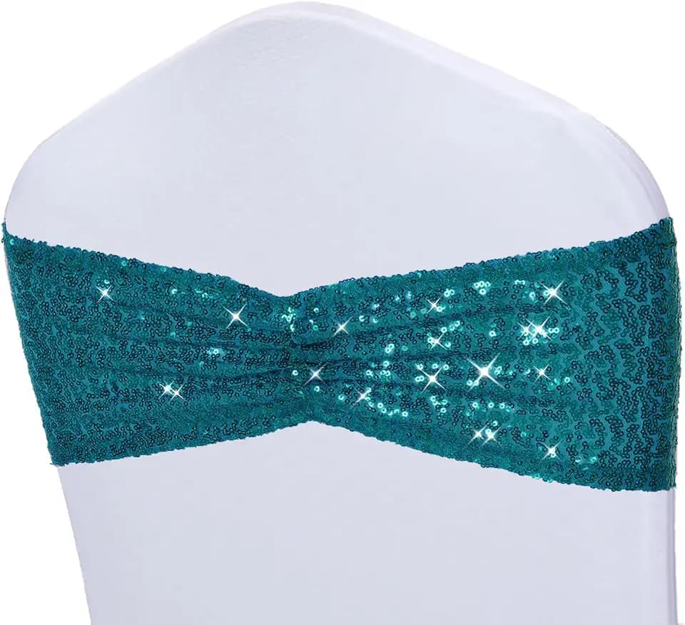 Poise3EHome Teal Sequin Chair Sashes 100 Pack,Folding Chair Cover Bands for Wedding Party Ceremony Banquet Decorations