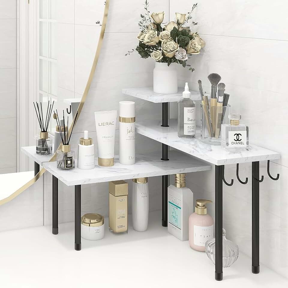Homode Bathroom Counter Corner Shelf, 3 Tier Kitchen Countertop Organizer for Over The Sink, Make Up, Dresser Table, White Marble