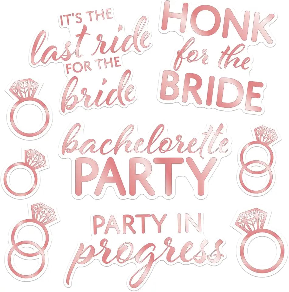 Beistle Bachelorette Auto-Clings – 9 Count Rose Gold Car Window Decorations for Bridal Parties, Diamond Ring and Phrase Designs with Tacky Adhesive, Wedding and Bachelorette Parade Décor, 3"–12¼"