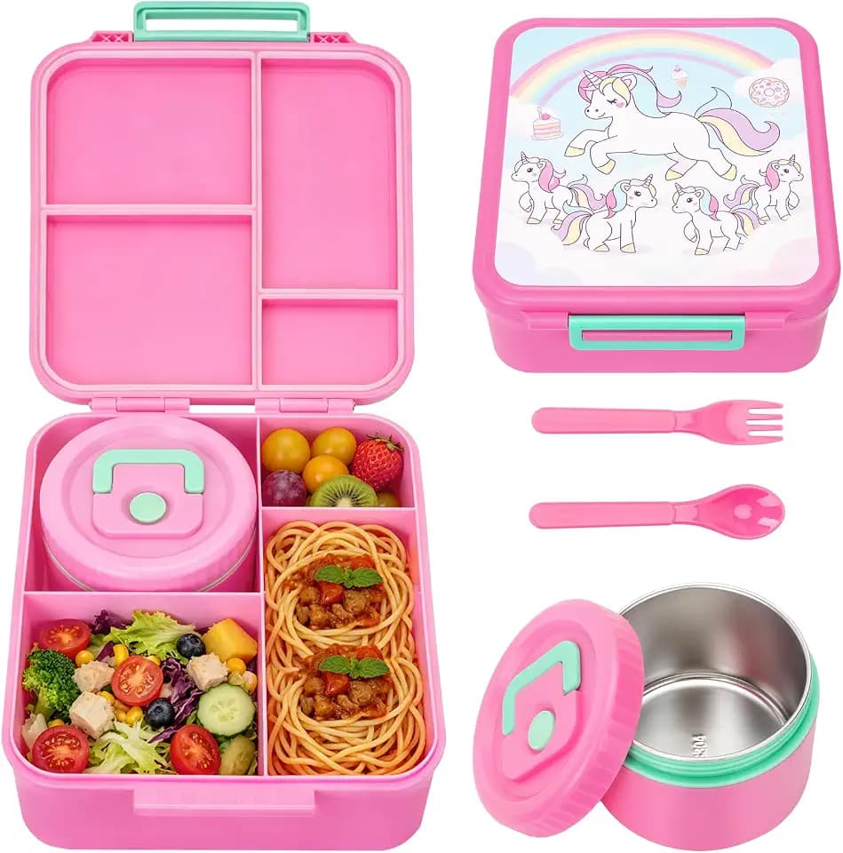 Kids Bento Lunch Box with 12oz Insulated Food Jar, 4-Compartment Lunch Box