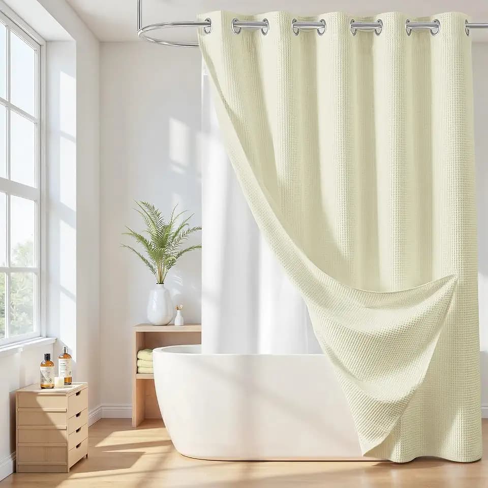 River Dream Cotton Blend No Hook Shower Curtain with Liner, Cream, 71x74