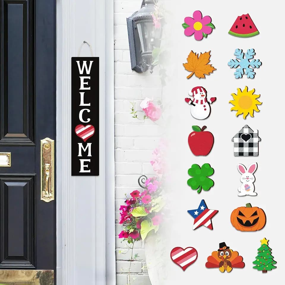 Interchangeable Mini Welcome Door Sign Wooden Indoor Outdoor Hanger with 15Pcs Seasonal Replaceable Ornaments Rustic Farmhouse Porch Sign Home Decoration Ideas Valentines Day Decor