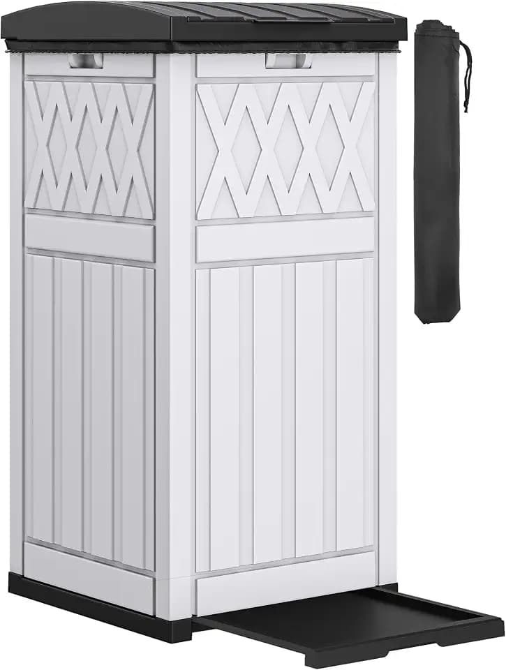DWVO 36-Gallon Outdoor Trash Can with Fabric Bag, Tiered Lid & Drip Tray, Waterproof Resin Garbage Bin for Patio, Deck, and Backyard, White & Black