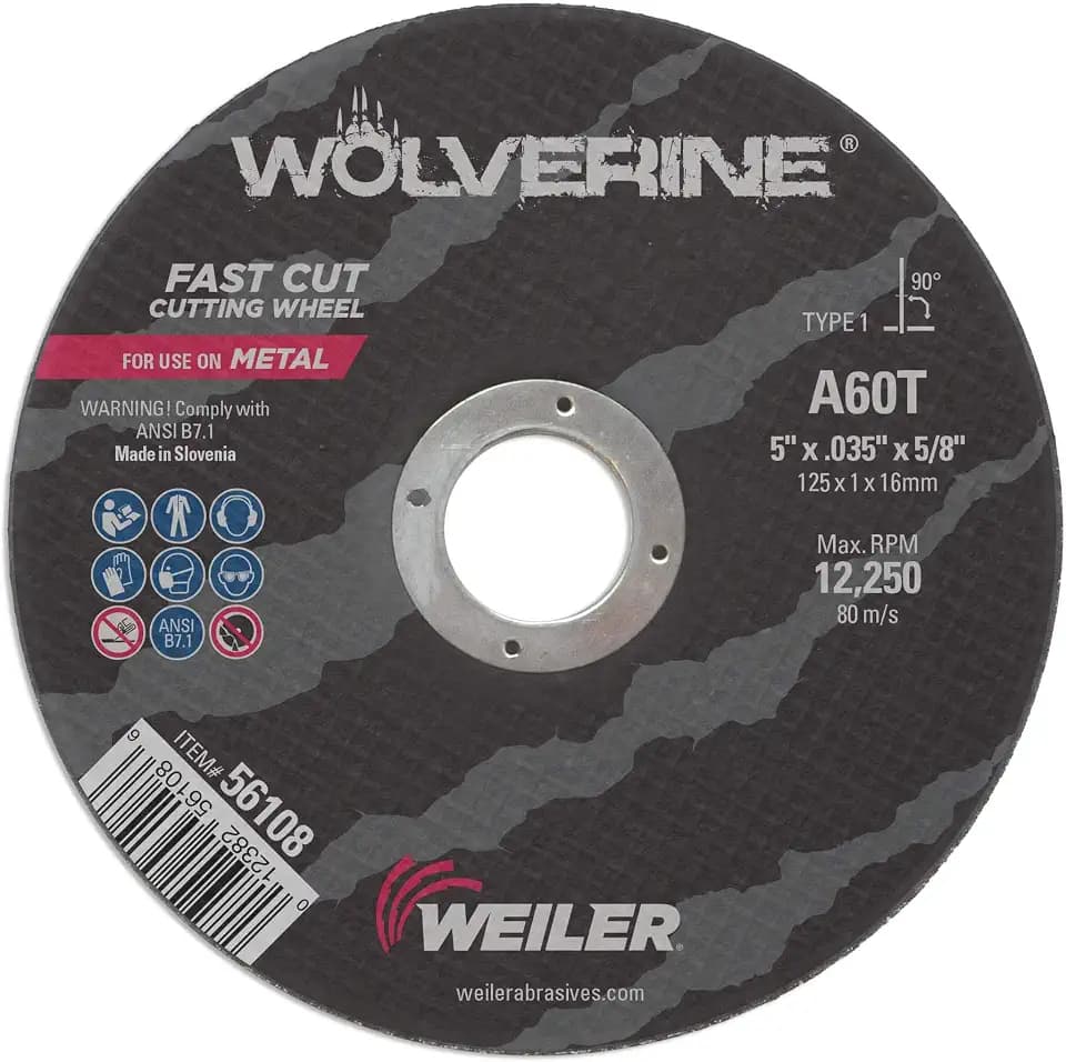 Weiler 56108 5 Inch Cutting Wheel, Wolverine AO Steel/Metal Fast Cutting, .035" A60T Type 1 5/8" Arbor, Pack of 25