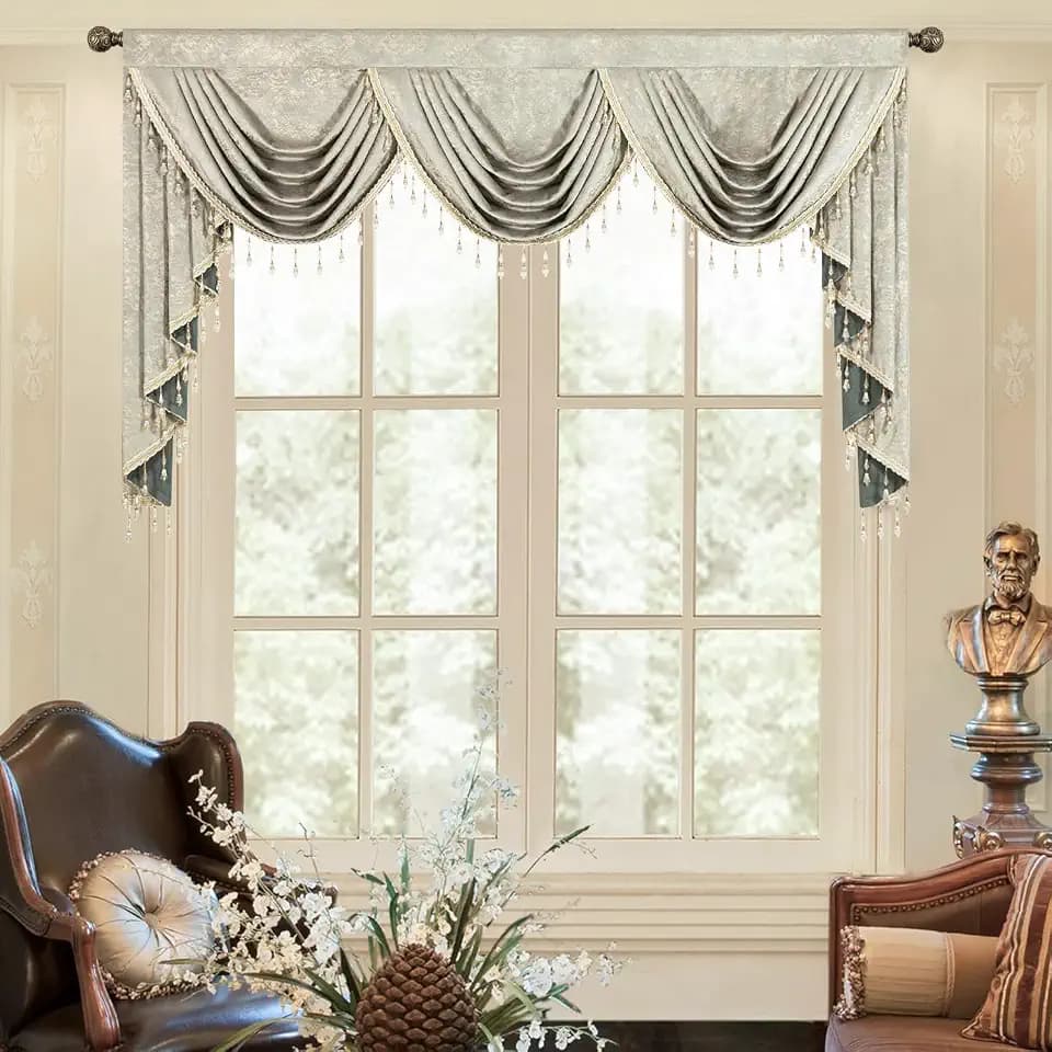 VOGOL European Style Velvet Valances, Elegant Textured Printed Waterfall Valance with 3 Swag, Luxury Light Reducing Drapes for Living Room, 79 Inches Wide, 1 Panel