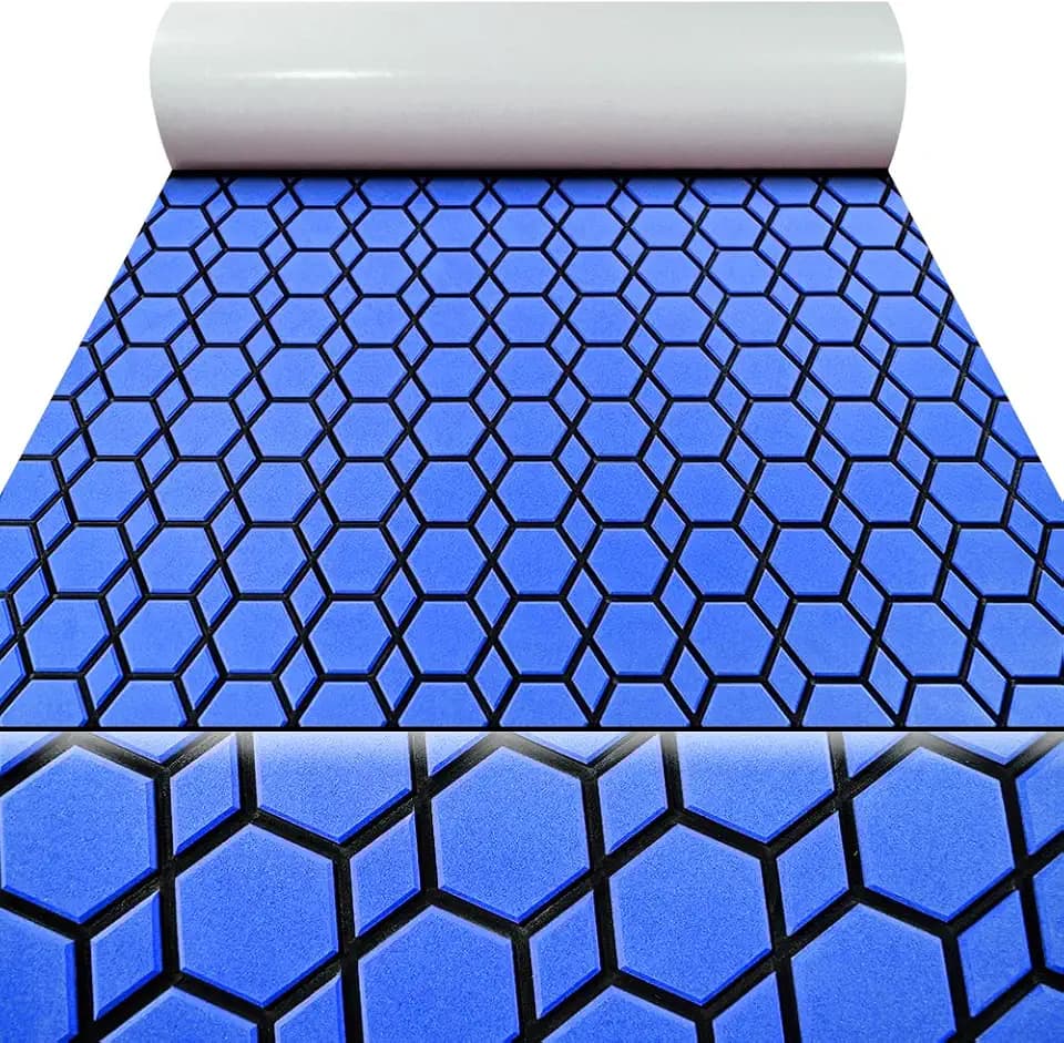 94.5"X37.7" Diamonds and Hexagons EVA Self-Adhesive Boat Flooring and Decorative Fish for Yacht Pool Boat Flooring Sheet Thick Non-Skid mat (Blue and Black, 102.3"X37.8")