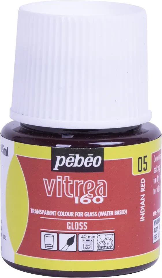 pebeo Vitrea 160 Glass Paint - Water-Based Transparent High-Gloss Color Paints for Glass, Non-Toxic & Heat Safe, 45 ml Bottle, Glossy Indian Red
