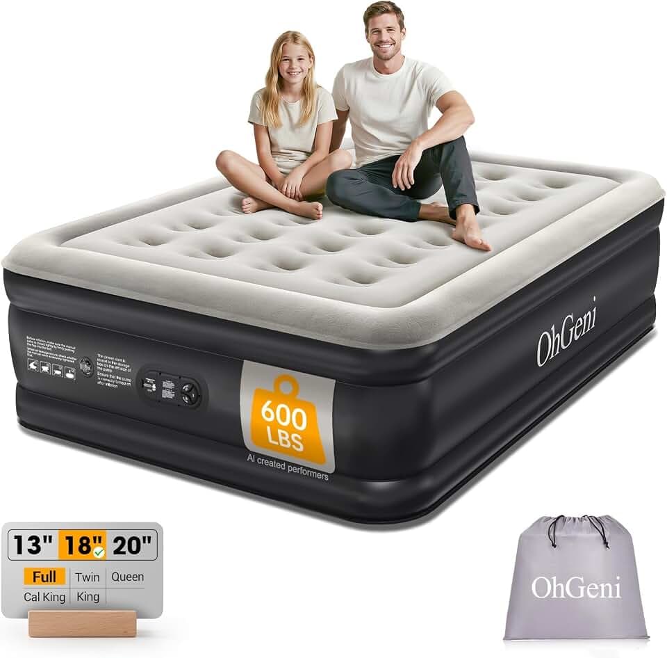 OhGeni Full Size Air Mattress with Built in Pump, 18" Blow Up Bed, 600lb
