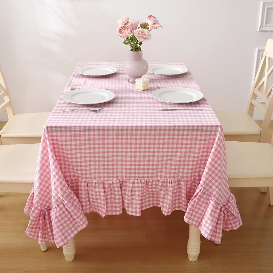 Pink White Gingham Ruffled Table Cloth Rectangular 120“x60”
