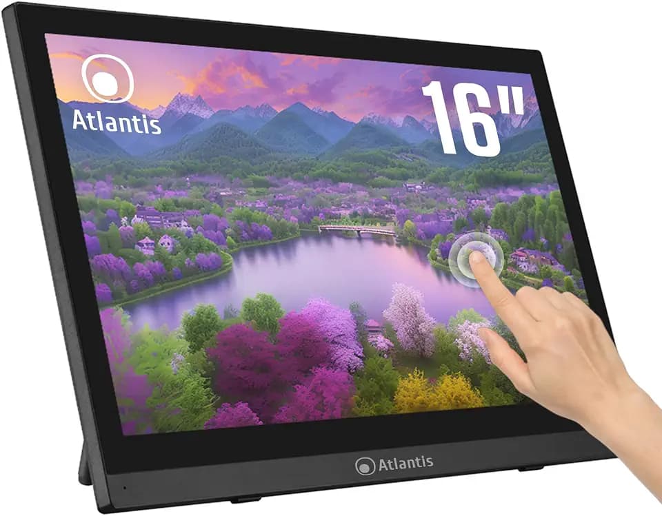Atlantis Touch-Monitor 16 Zoll Full HD mit 10-Punkt-Touch, neigbar | FHD 1920x1080, HDMI/VGA, Neigung 15°-50°, Schutzglas 7H, Kontrast 800:1, VESA 75, Art. A05-T16A-VHM