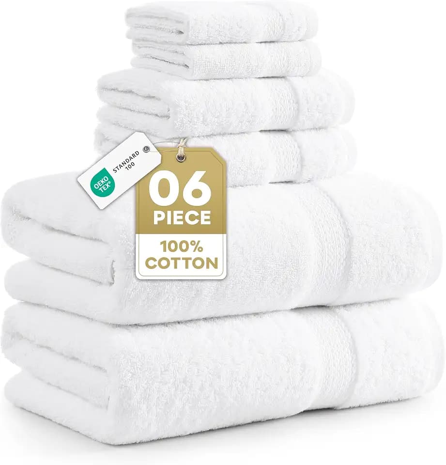 LANE LINEN Bath Towel Set 100% Cotton 6 Piece Soft Absorbent - White