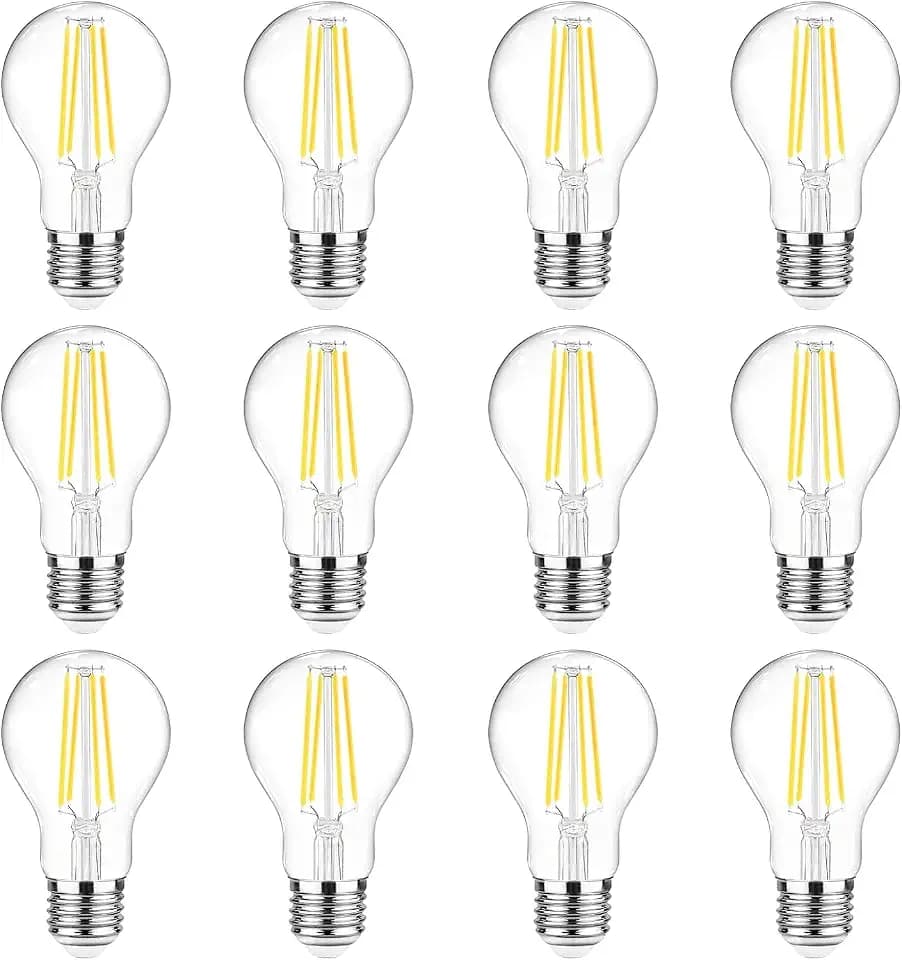 Ascher 60 Watt Equivalent, E26 LED Filament Light Bulbs, Daylight White 4000K, Non-Dimmable, Classic Clear Glass, A19 LED Light Bulb with 80 CRI, Pack of 12
