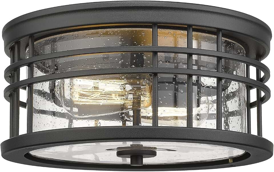 zeyu Outdoor Flush Mount Ceiling Light, Seeded Glass, ZW01-F BK-R