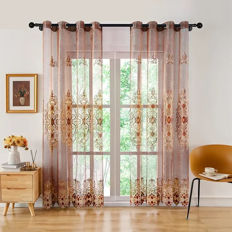 ELKCA Luxury Reddish Embroidered Sheer Curtains for Living Room Elegant Tulle Curtains for Bedroom,Grommet Top(52" W x 84" L,2 Panels)