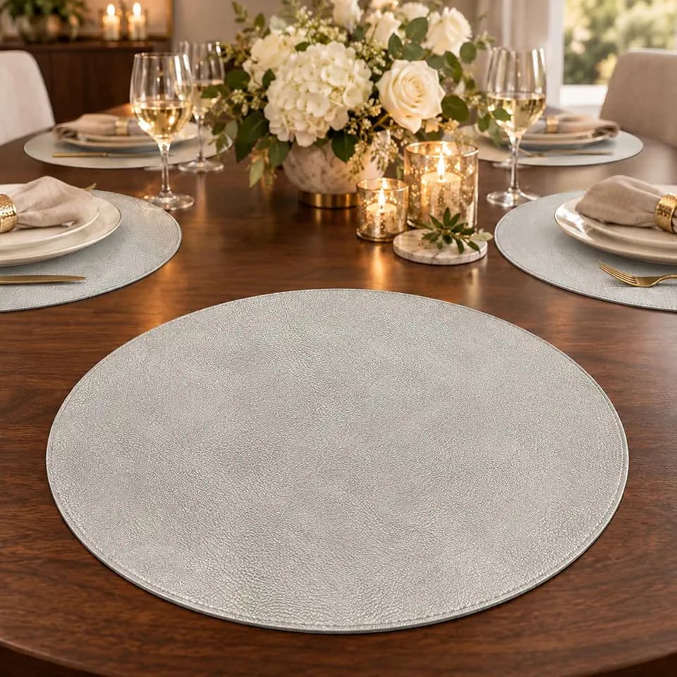 Placemats Set of 6 – Round 15” Faux Leather Table Mats for Dining, Heat Resistant & Non-Slip Washable Table, Indoor, Outdoor, Dining Table Set for 6, Modern Kitchen & Holiday Use, Silver